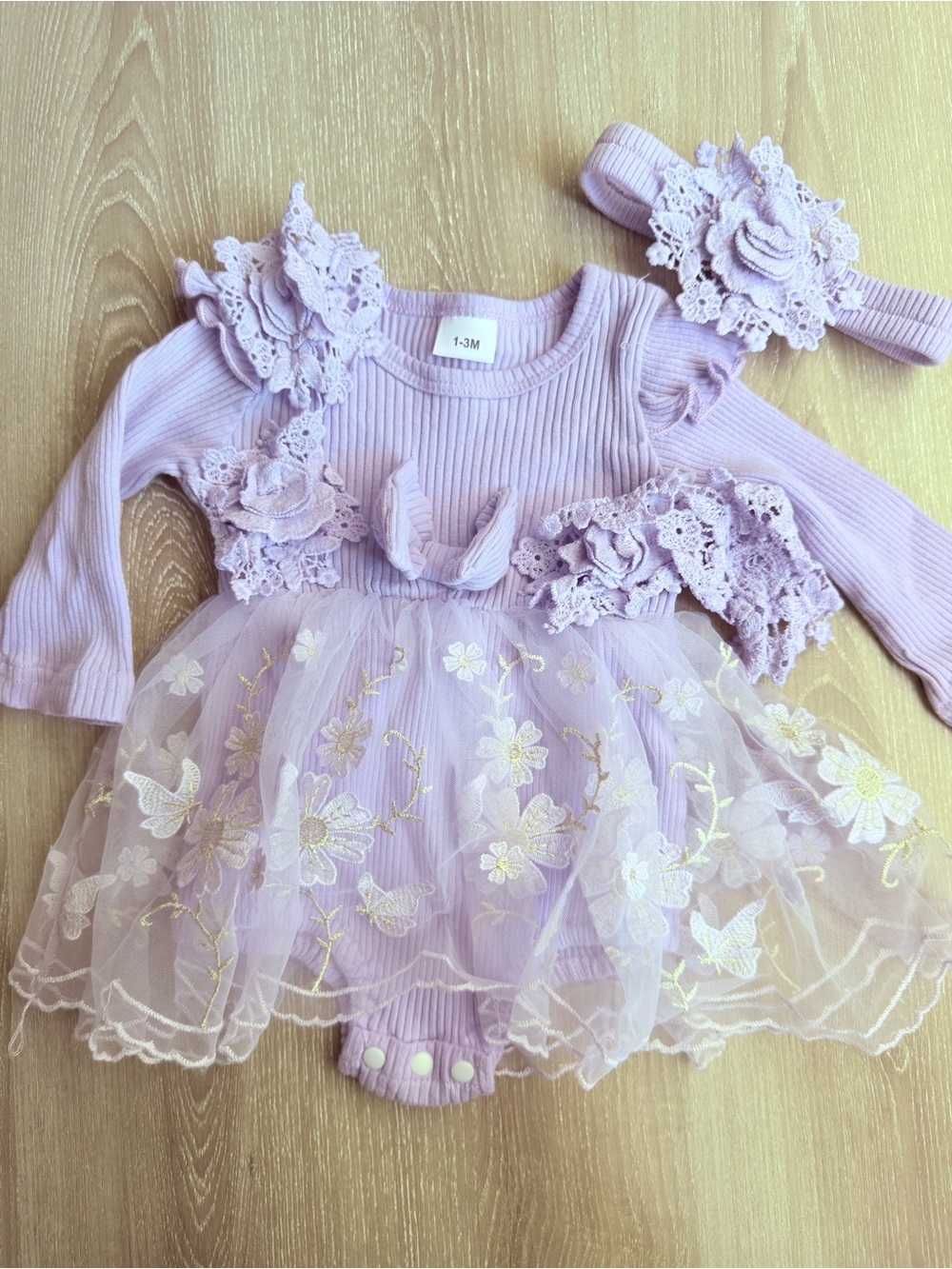 NWOT Lilac Floral Lace Tulle Baby Dress with Headband, 1-3 months